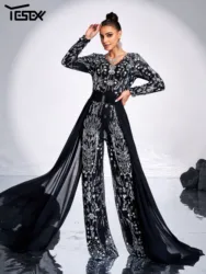 Yesexy Black V Neck Long Sleeved Sequin Elegant Beautiful Party High Quality Luxury Formal Occasion Draped Jumpsuit