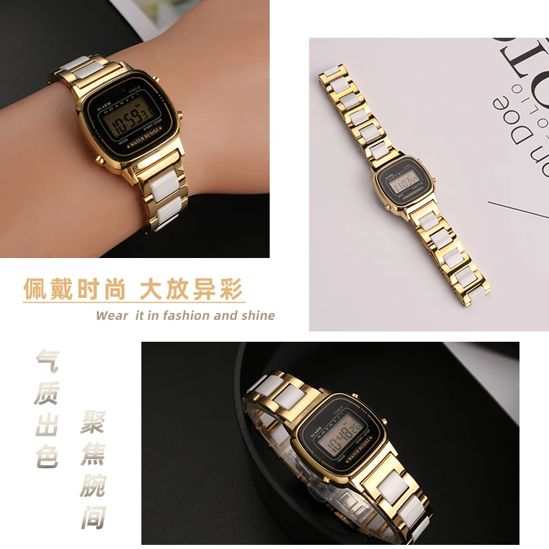 For Casio Small Square Ceramic Watch Band Women LA670 3191 LA670W Small Gold Watch Stainless Steel Ceramic Strap 13mm Bracelet