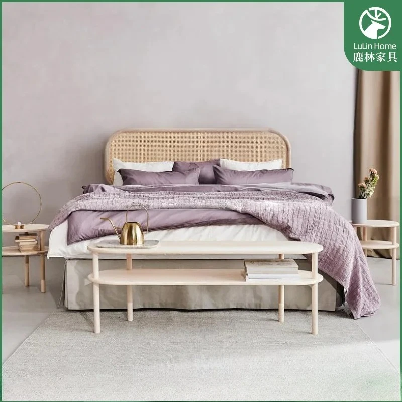 

Nordic solid wood rattan bed double modern simple bedroom 1.5 1.8 meters fabric removable and washable ash wood master bed
