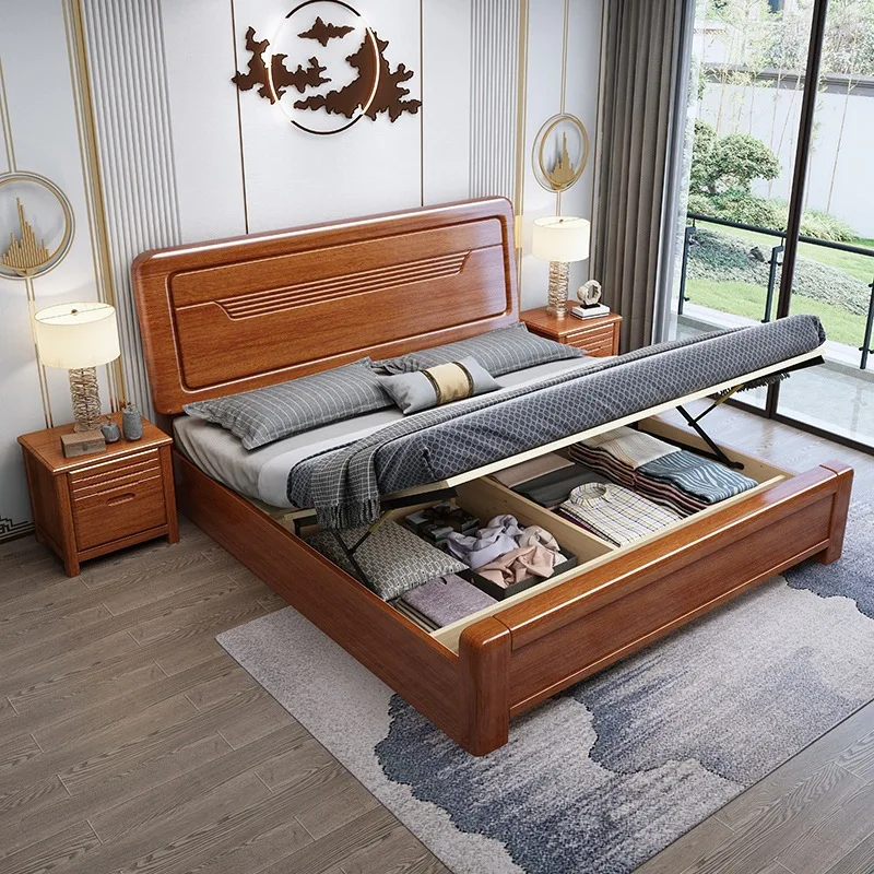 Tempat tidur kayu Modern untuk perabotan kamar tidur desain minimalis kayu jati Solid tempat tidur ukuran King dengan papan kepala rotan tempat tidur kayu kuat