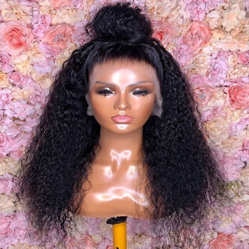 

Preplucked Glueless Natural Black Soft 26Inch Long 180%Density Kinky Curly Lace Front Wig For Women With Babyhair Daily Cosplay