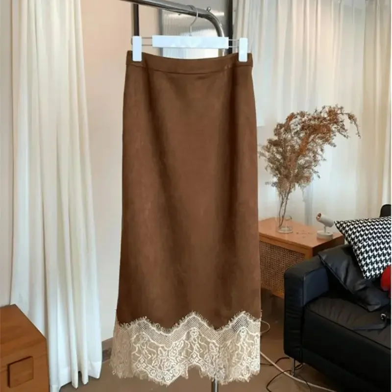 

New French Lace Patchwork Skirt Women Fashion Vintage High Waisted Slim A-Line Elegnat Skirts Office Lady Midi Jupe Clothing