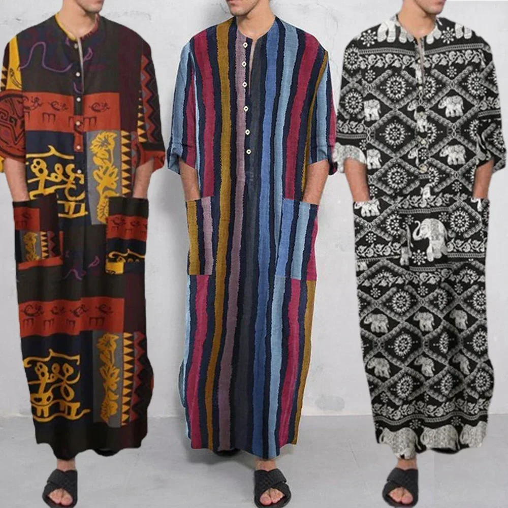 Mannen Lange Mouw Gestreepte Moslim Gewaden Nachtjapon Arabische Kaftan Lange Shirt Moslim Kleding Vintage Islamitische Midden-Oosten Dubai Abaya