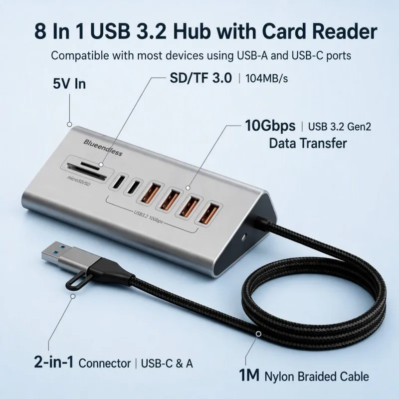 USB 3.2 Gen 2 10 Gbps Data Transfer Hub 6 Ports USB C Hub with 10Gbps USB3.2 4-Port Type A 2-Port Type C and SD TF Card Reader