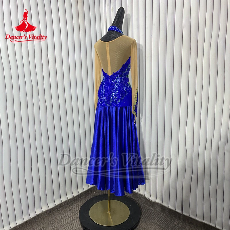 ชุดเต้นรำบอลรูมสีน้ำเงินสไตล์อเมริกันแบบพันรอบสะโพกสำหรับผู้หญิงผู้ใหญ่ ชุดวอลซ์มืออาชีพ ชุดนักเต้นสั่งตัดพิเศษ ให้ความมีชีวิตชีวา