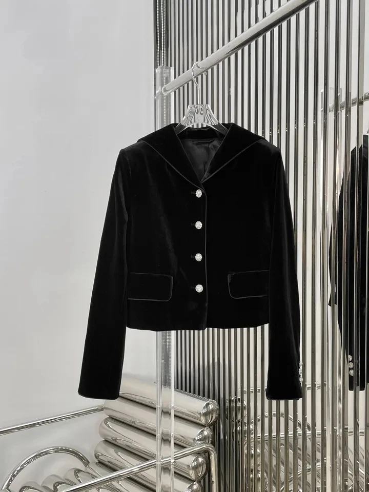 

2024 Spring Casual Suits Female Black Velvet Jacket Coat With Mini Skirt Sets for Women