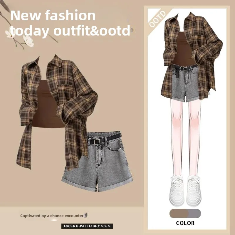 

Spring 2026 Women's Plaid Shirt And Denim Shorts Three-Piece Set Korean Style Small Size Fashion Ensemble Collar Long Sl...