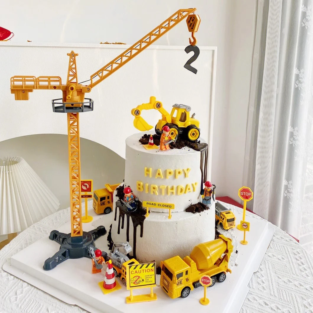 Tortendekoration mit Baufahrzeugen: Kran, Bagger, Tankwagen für Kinder, Jungen, Erster Geburtstag, Kuchendekoration, Geschenk, Requisiten – Detail 1