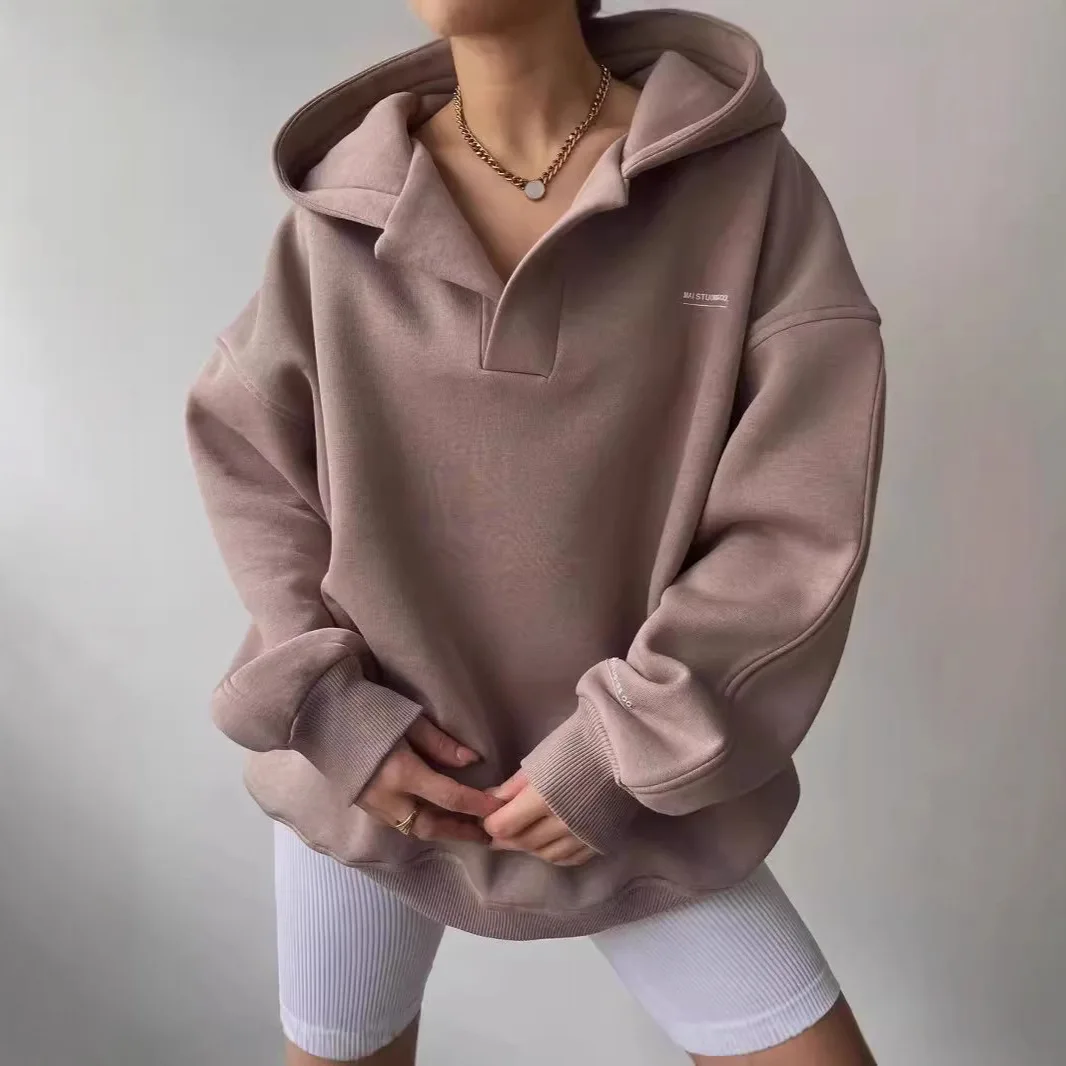 American Retro V-neck Hooded Sweater Women's Autumn New Oversize Loose Lazy Style Foreign Style Printing Cw87241