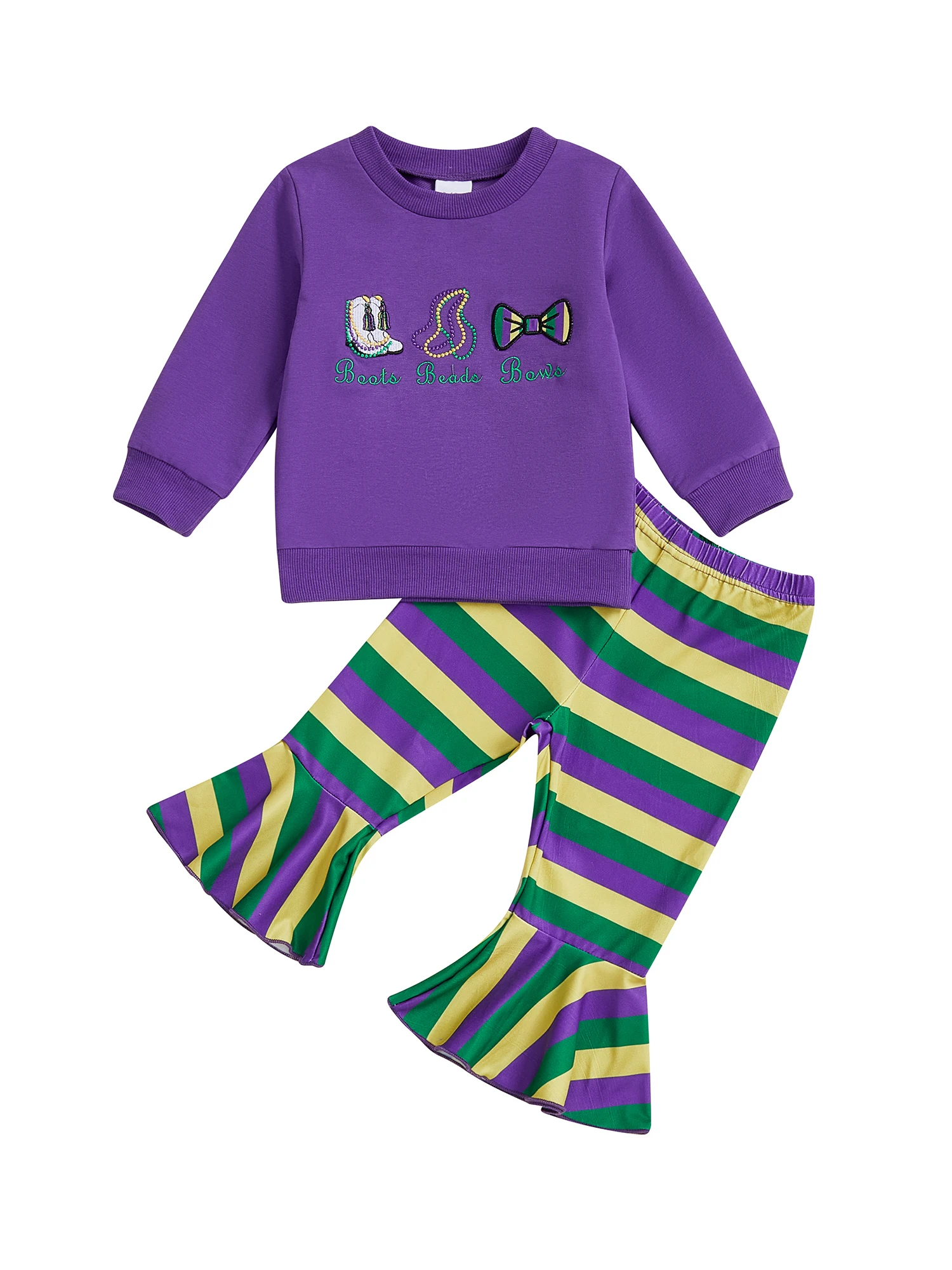 طقم هوديي مطرز للفتيات وسراويل مضيئة مخططة، طقم ملابس ماردي غرا الاحتفالية للأطفال، مجموعة ملابس متطابقة #3