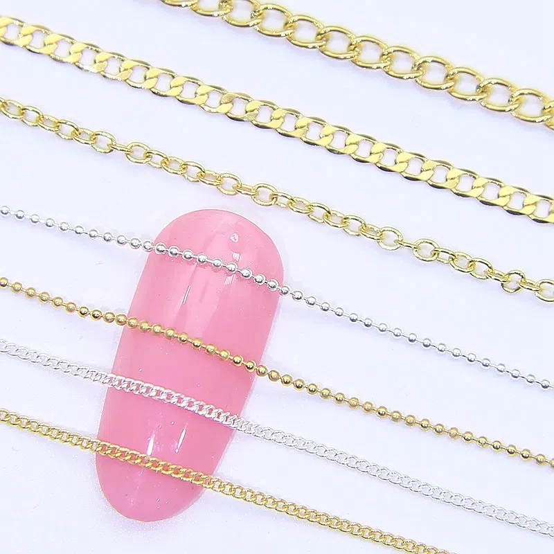 Nail Art Metal Flat Chain Set Gold/Silver Beads Chain Rainbow Diamond Claw Chain Nail Decorations Trendy Manicure Accessories