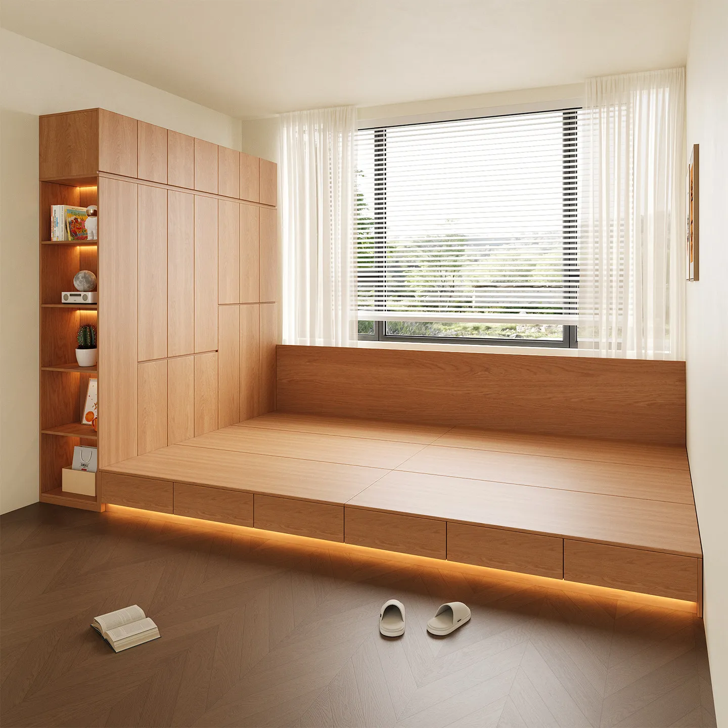 Tatami solid wood modern simple wardrobe low integrated storage drawer floor bed wardrobe combination