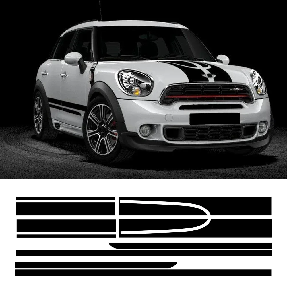 

Для MINI Cooper Countryman R60 JCW 6 шт. автомобильный капот, крышка двигателя, виниловый багажник, задний комплект кузова, наклейка на боковую полоску, юбка, наклейка