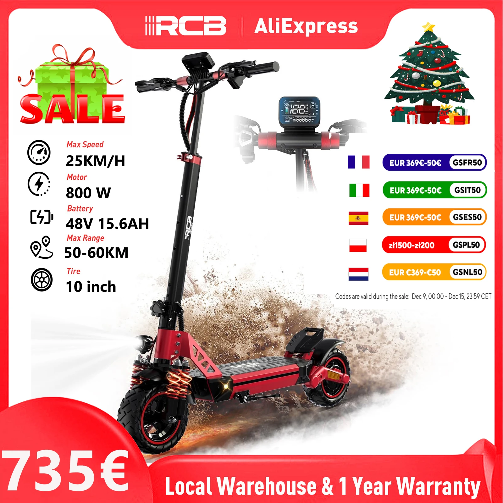 RCB RE24 Electric Scooter, Motor 800 W, Range 50-60 KM, Battery 15.6 Ah, Max 25 km/h, Wheel 10”, App Control, Max Load 120KG, Fo