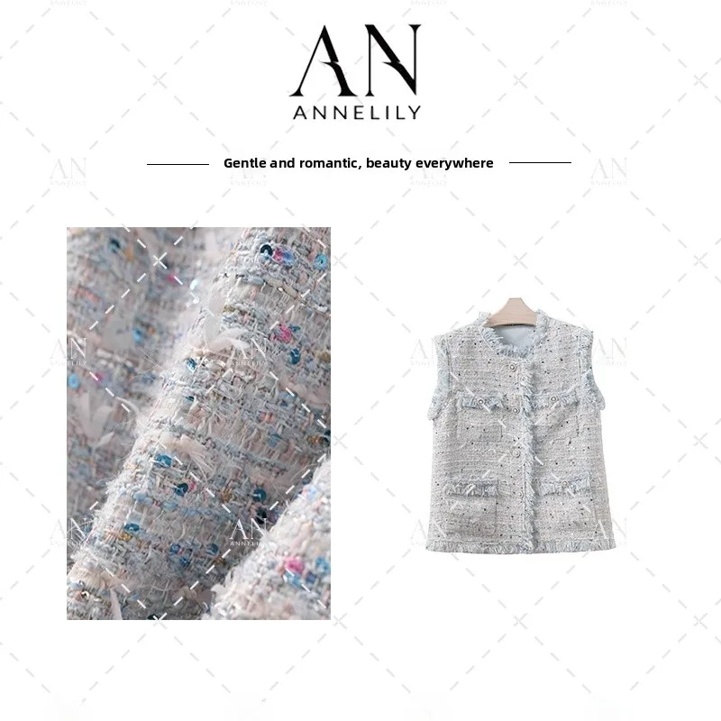 

Annelily Casual Faion Slimming Woven Luxury Small Fraance Sle Vest Autumn New Arrival Women's ort Outerwear Romantique