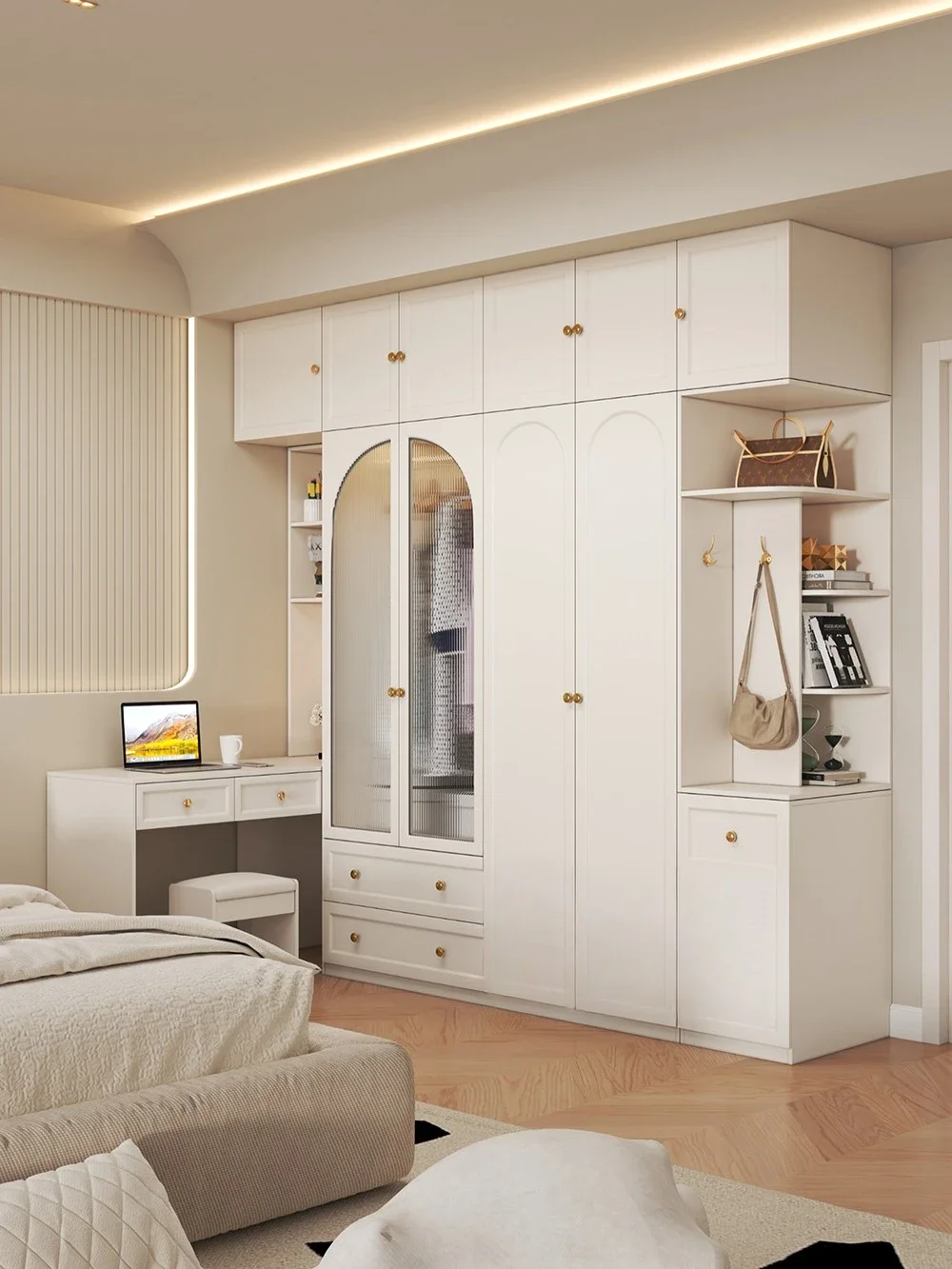 French cream style wardrobe household bedroom modern simple computer desk light luxury with corner integrated retractable