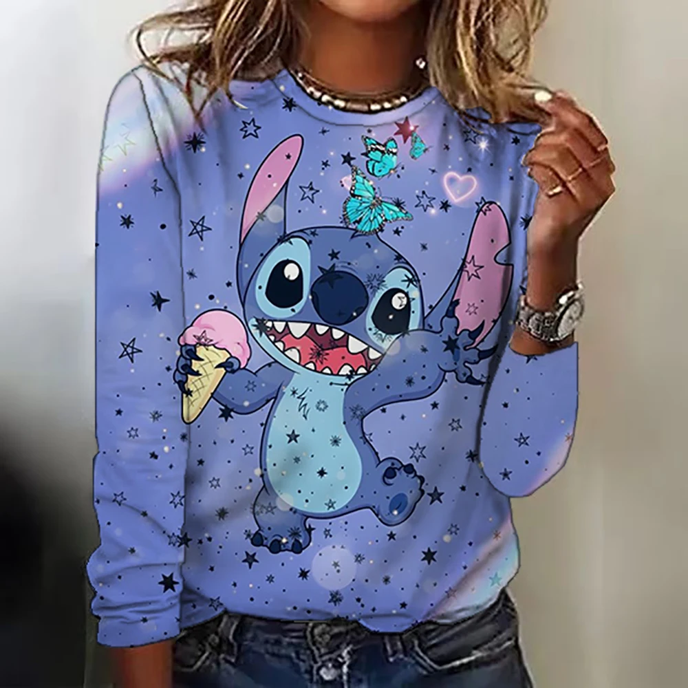 

Women's round neck long-sleeved Disney Stitch Christmas print loose top breathable long-sleeved pullover daily casual T-shirt