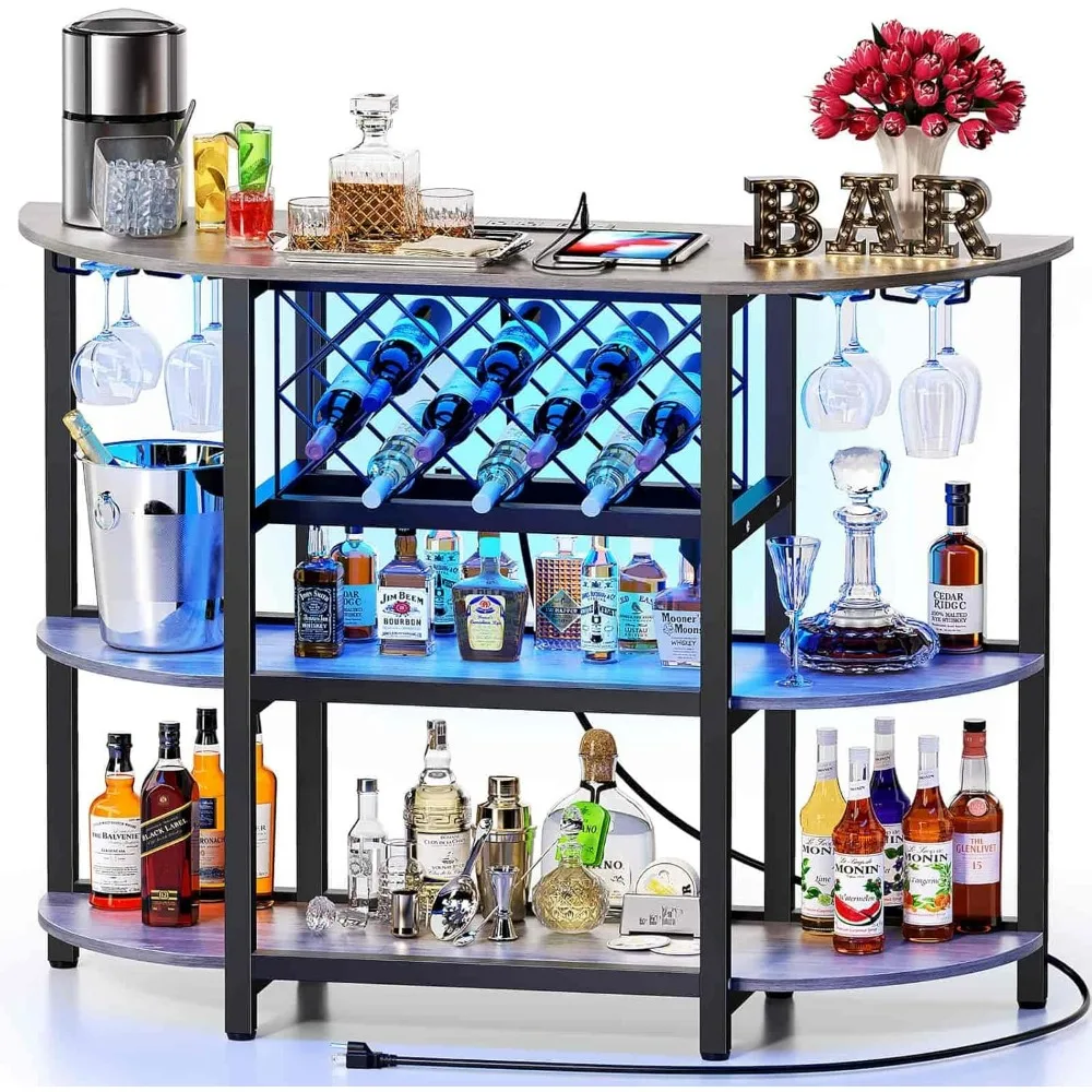 Bar Table Cabinet, Home Mini Bar Cabinet for Liquor, Metal Wine Bar Stand with 4-Tier Storage, Easy to Assemble, Light Grey,