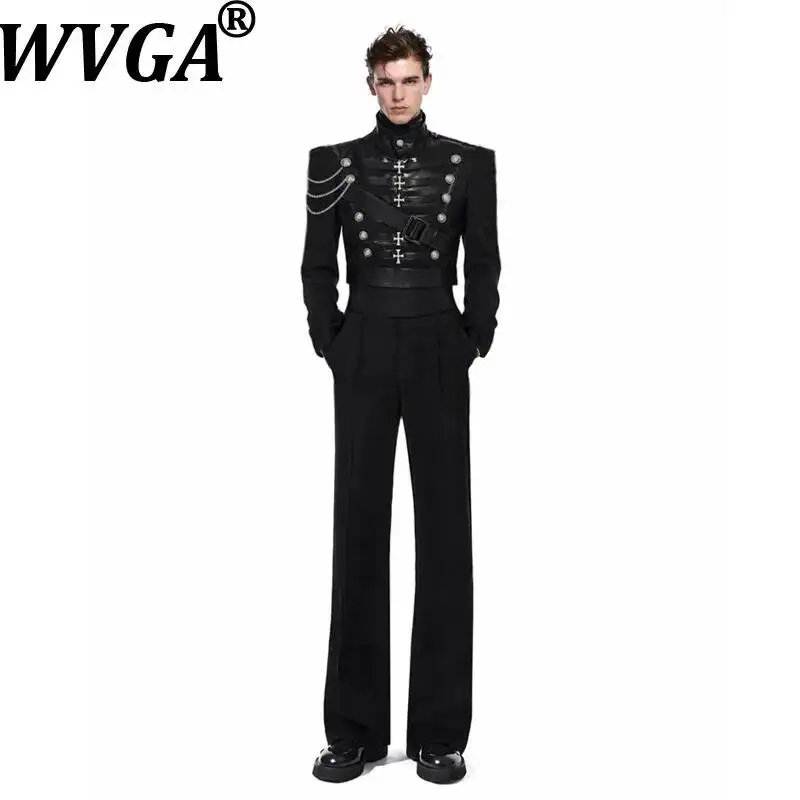 WVGA Spring Autumn New Men Patchwork Short Waist-tight Suit Set Stylish Banquets Performances Jacket Niche Straight Pants W25926