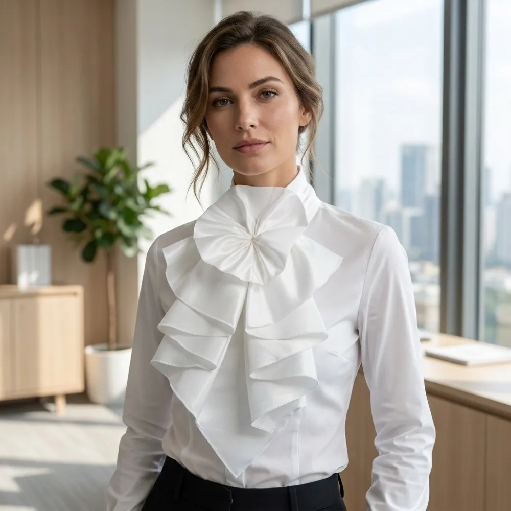 Mehrschichtiges Dekor, abnehmbarer Rüschenkragen, große Schleife, verstellbarer Fake-Kragen, schicke Polyester-Bluse, dekorativer Kragen, Themenparty – Detail 10