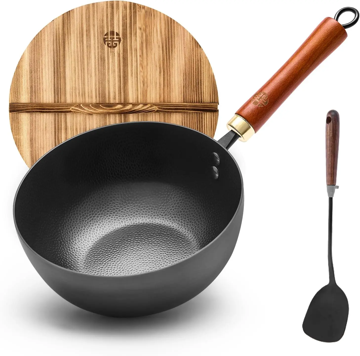 

8.7" Flat Bottom Iron Wok – Small Stir Fry Pan with Wooden Lid, No Coating, Induction Compatible, Ideal for Everyday