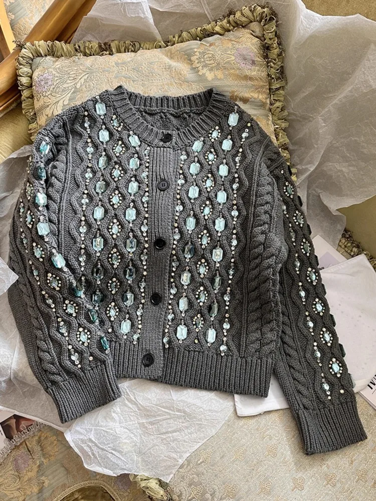 Vintage Women Single Breasted Knitted Cardigan Short Jacket O-Neck Diamonds Casual Sweater Long Sleeve Spring Autumn Knitwear