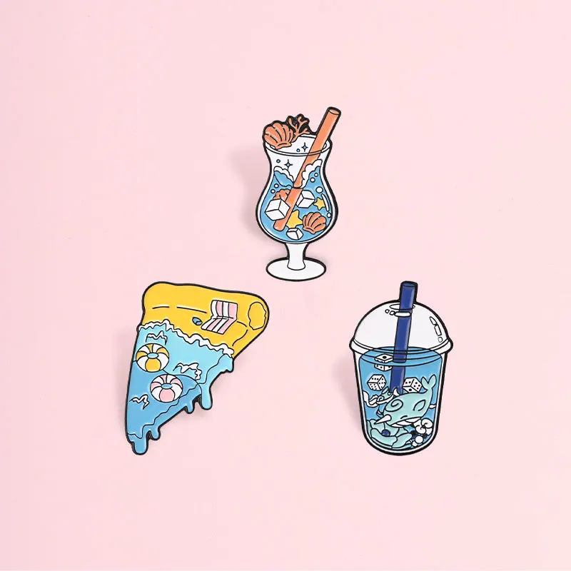 Summer Cool Brooch Beach Wave Pizza Cocktail Milk Tea Design Metal Badge Leisure Party Pin DIY Clothing Bags Hat Jeans Accessory