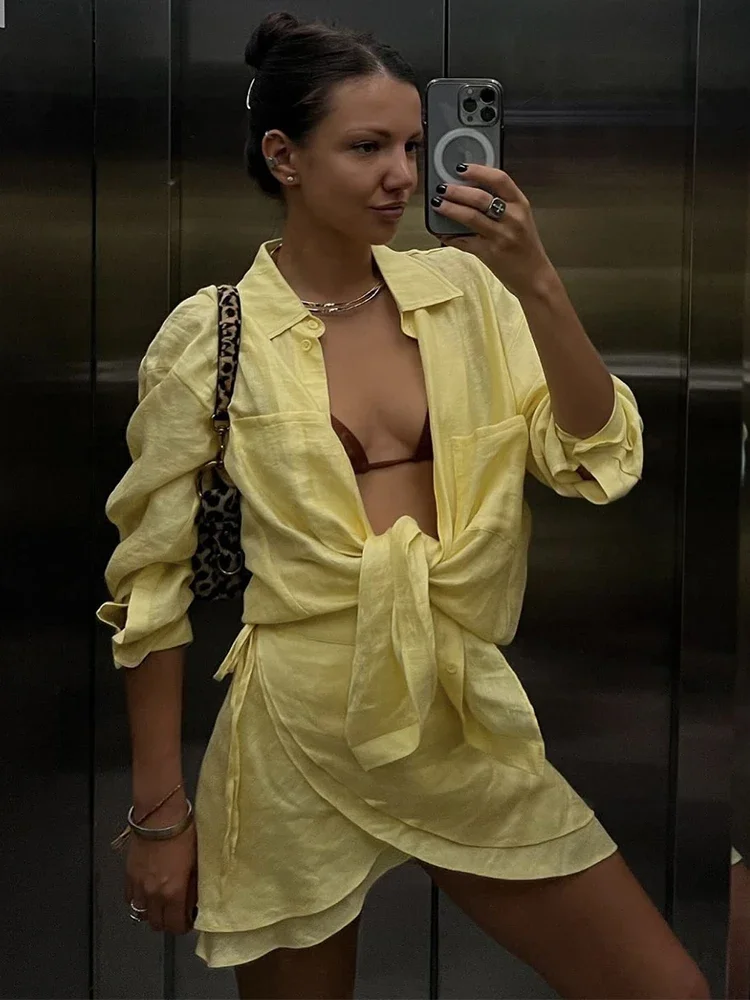 

Vacation Beach Cover Up Sets Women Long Sleeve Loose Blouse And Holiday Casual Party Fashion Mini Skirts 2 Piece Suits