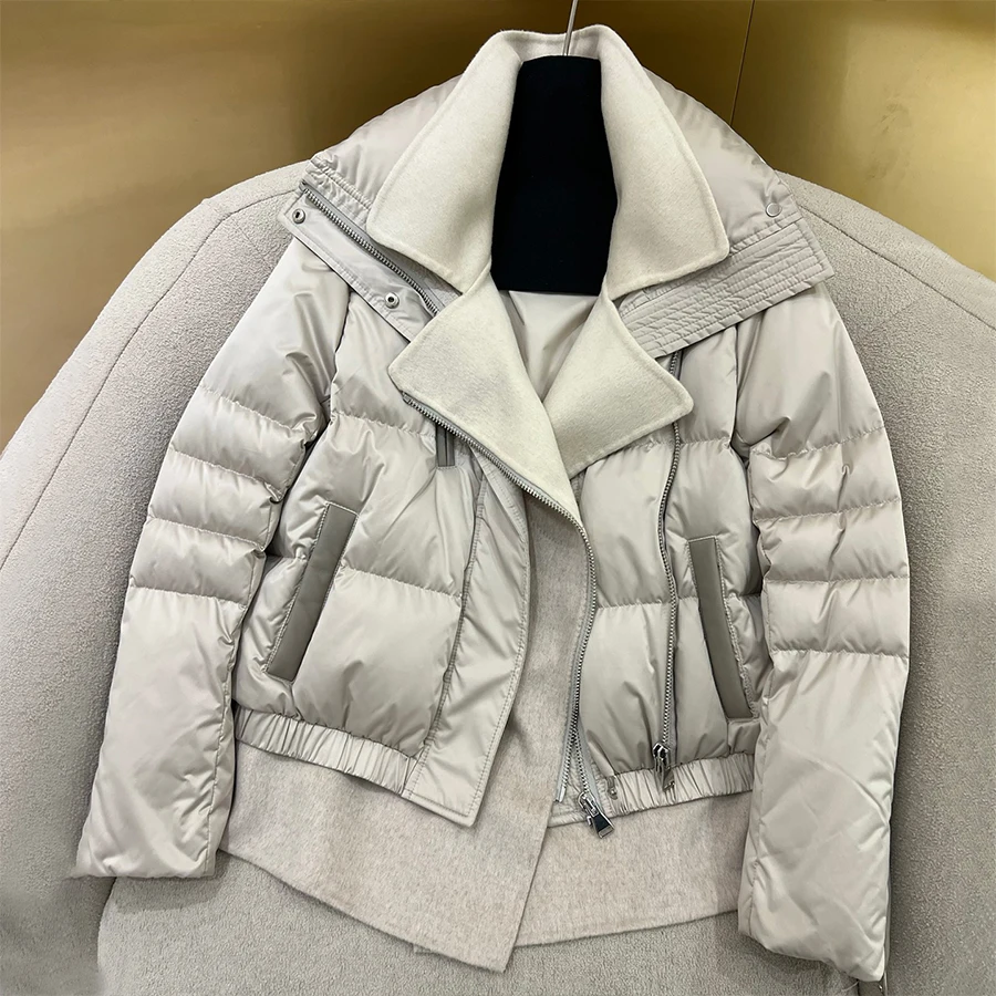 

NIGO Women's Fall/Winter Double-Faced Cashmere-Blend Faux Two-Piece Stand Collar Zipper Puffer Down Jacket Ngvp #nigo2361