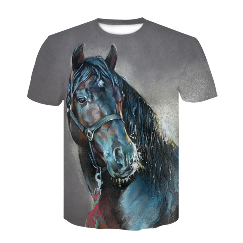 Men Art Painted Horse T‑Shirt Realistic Horse Head 3D Full Print O‑Neck Short Sleeve Casual Tops
