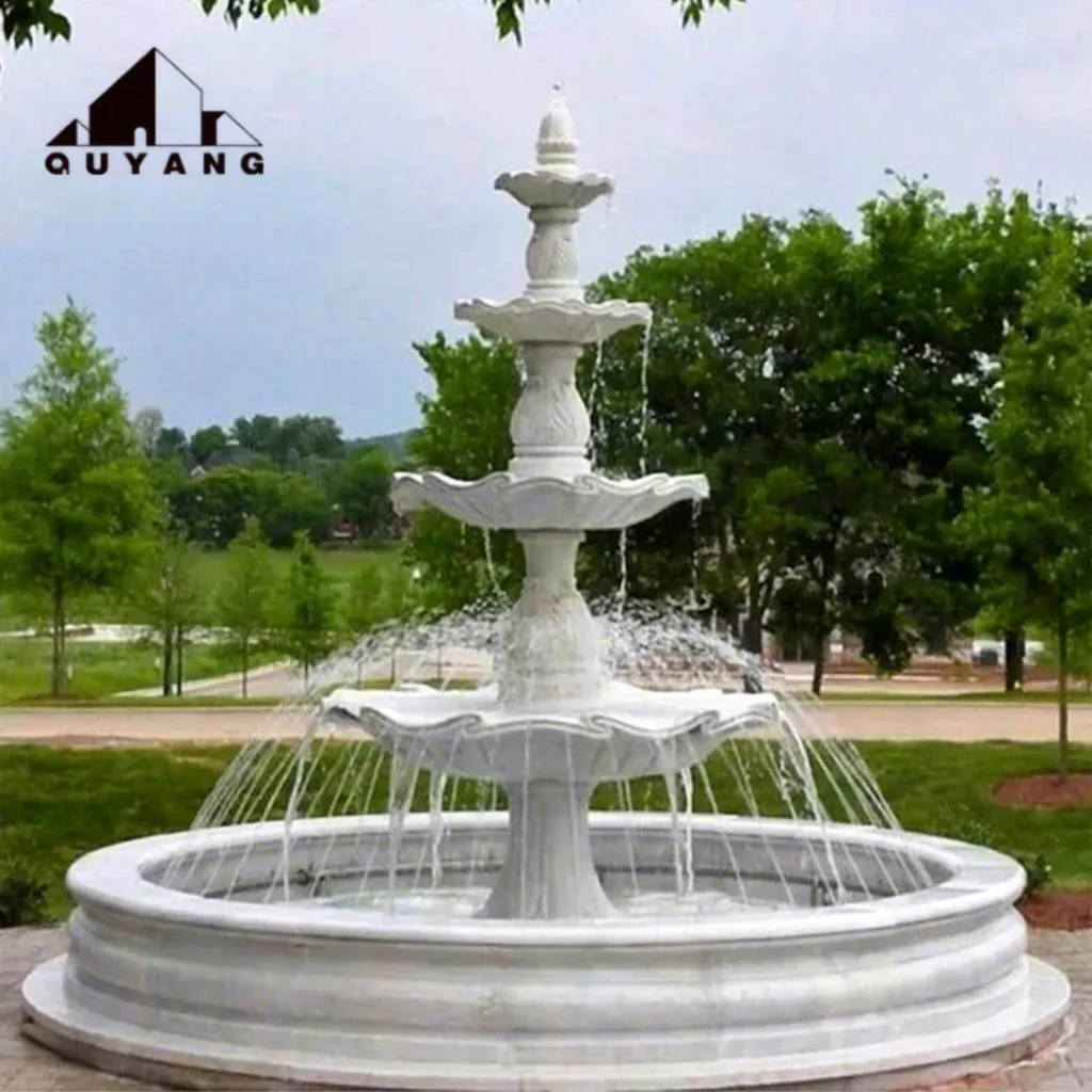QUYANG Large Yard Design Handcarved White Marble 3 Tier Garden Fountain Natural Stone Outdoor Water Fountain