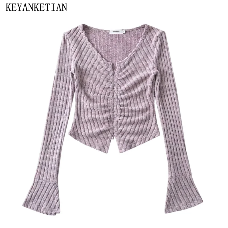 KEYANKETIAN nuovo lancio delle donne Soft Touch Pit Strip maglieria moda Chic pieghe decorazione Slim Knit Crop Top Pullover grembiule