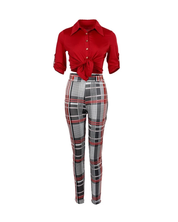 Two Piece Sets Womens Outifits Fashion Long Sleeve Roll Up Sleeve Button Down Shirt &  Plaid Skinny Pants Set Female Streetwear