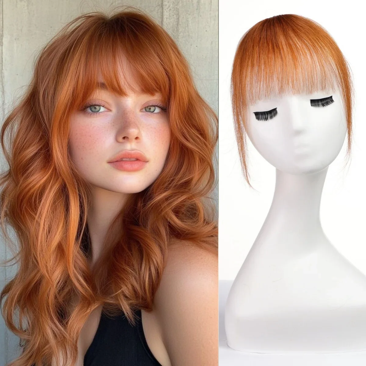 100% Human Hair Bangs Ginger Orange Hairpiece for Women Clip in Blunt Cut Wispy Sideburns Fringe Extension Daily Wear Natural