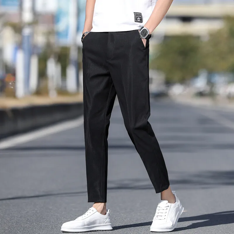 Spring Summer New Straight Cropped Pants Youthful Vitality Men's Clothing Korean Solid Color All-match Fashion Zipper Suit Pants