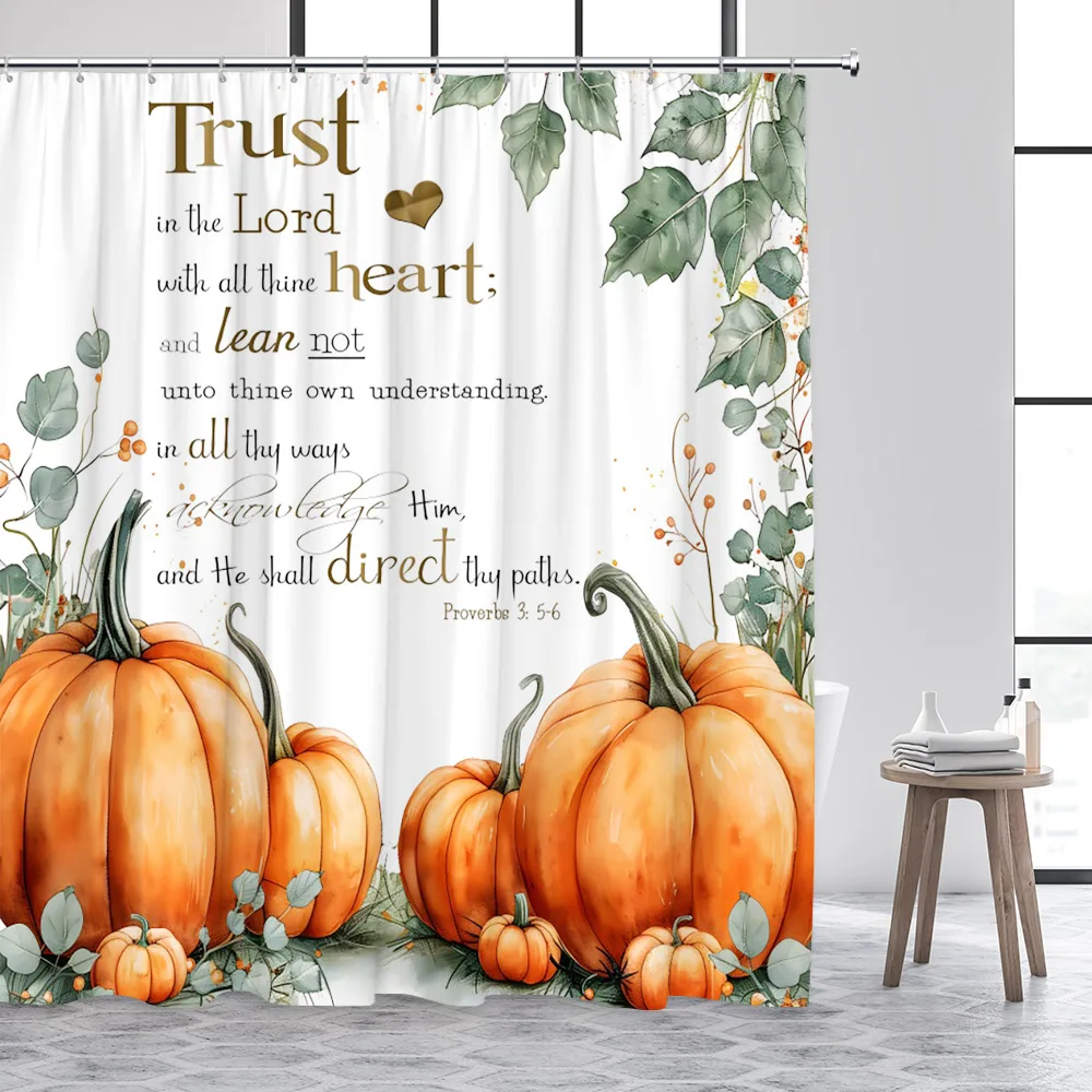 Autumn Shower Curtain Funny Cat Squirrel Pumpkin Tree Red Bird Fall Scenery Bath Curtains Fabric Home Bathroom Decor with Hooks