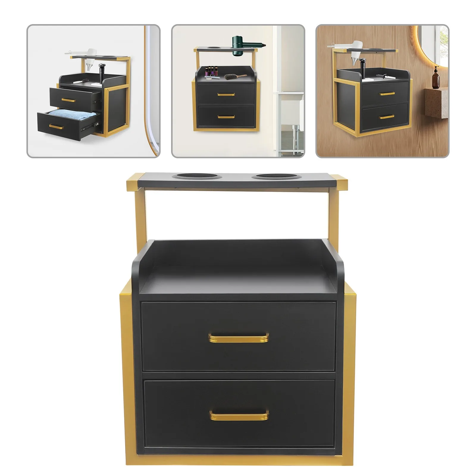 

Профессиональный настенный шкаф для салона с 2 ящиками и 1 открытой полкой, вместимость 110 фунтов с держателем для фена, золотисто-черный современный