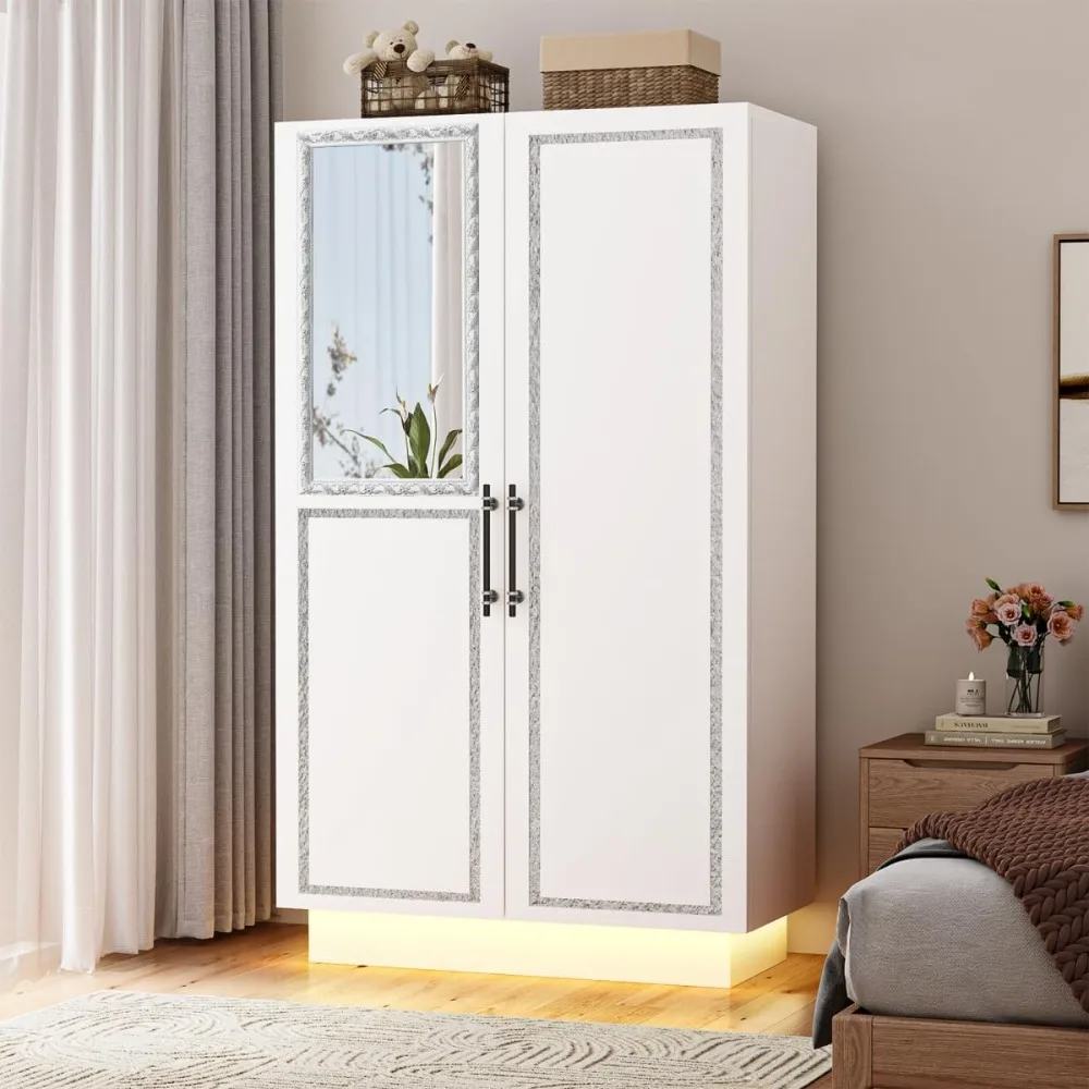 

70" Armoire Wardrobe with Mirror Doors and LED Lights, 2 Doors Closet with Hanging Rod and Shelves, Large Capacity Wooden Storag