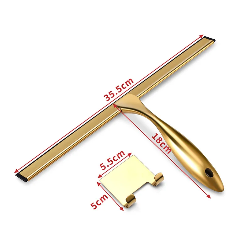 Gold Aluminum Shower Squeegee Window Glass Wiper Scraper Cleaner with Silicone Brush Hook Holder for Bathroom Kitchen Car Mirror