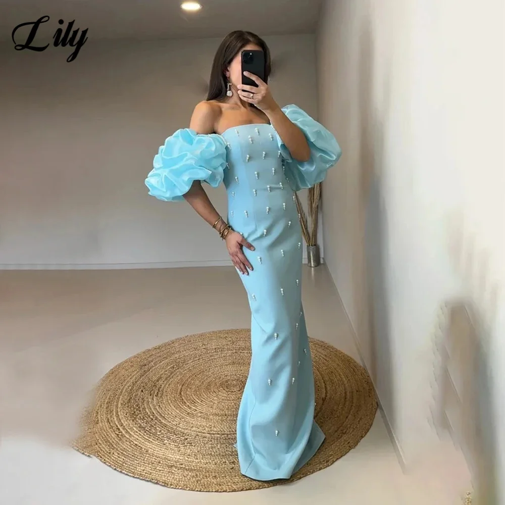 

Элегантное вечернее платье Lily Sky Blue с блестящим жемчугом и пышными рукавами, платья для выпускного вечера, атласные вечерние платья русалки, robe de bal, индивидуальный заказ