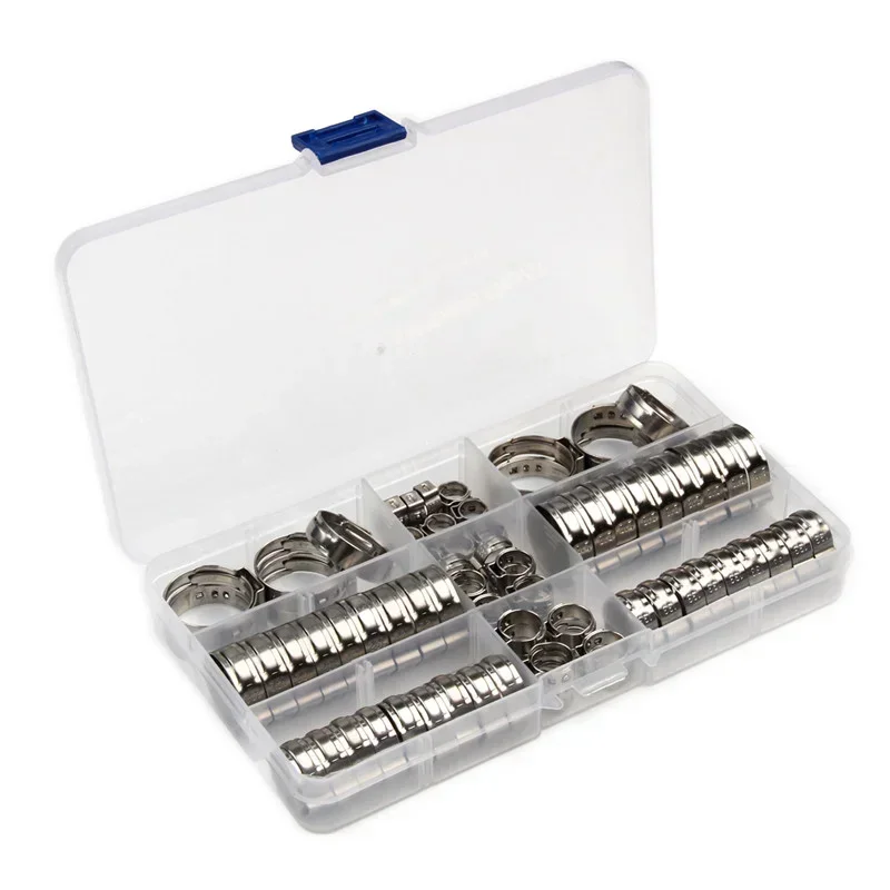130pcs Stainless Steel Single Ear Stepless Hose Clamps Assortment Box Kit With Plier Crimp Pinch Rings for Securing Pipe Hoses