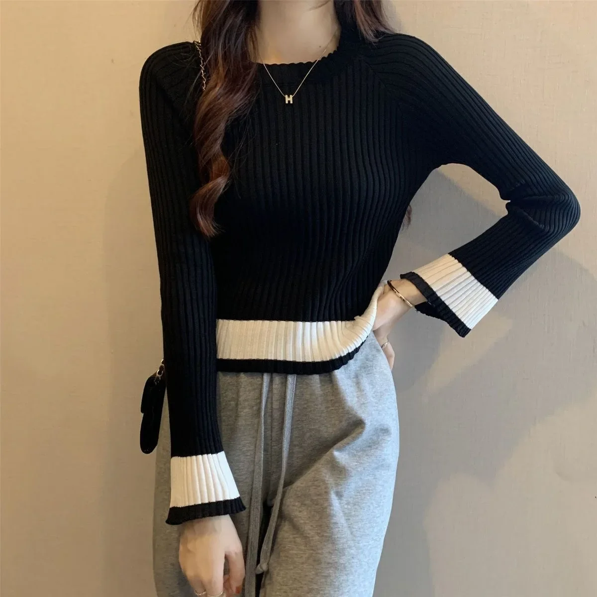 

New Fashion O-neck Chic Female Cropped All-match Panelled Pullovers Women Knitted Tender Slim Temperament Korean Style Autumn