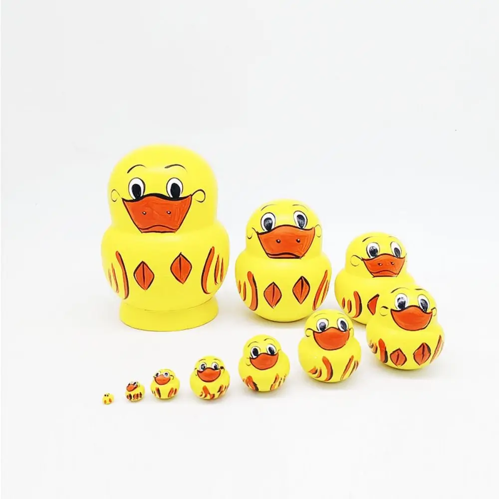 Home Decor 10-laags nestpoppen Houten gele eend Matryoshka-pop Speelgoed Handgemaakte dieren Patroon Stapelpoppen Kindercadeau