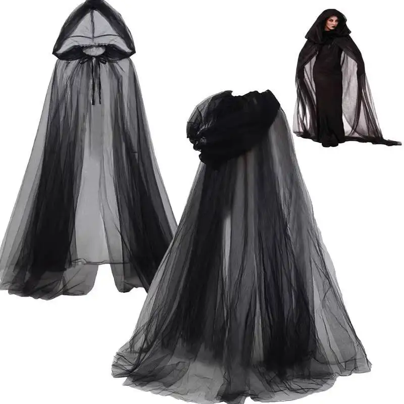 

Halloween Cosplay Ghost Costume Hooded Cloak Grim Reaper Witch Mesh Long Cape Ball Performance Outfit