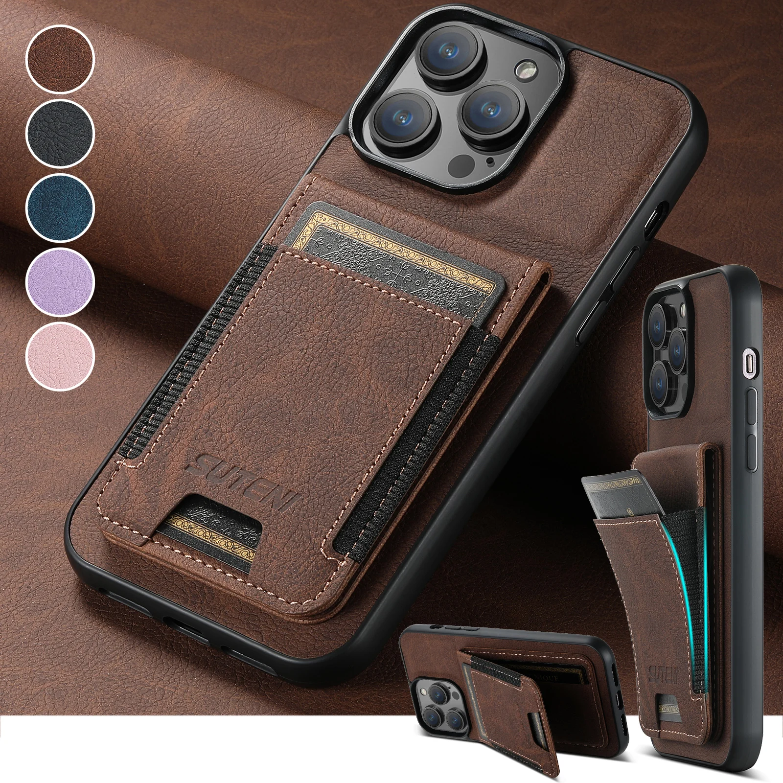 SUTENI Luxury Leather Magnet Card Holder Phone Case Flip Wallet Kickstand Cover For iPhone 16 15 14 13 12 11 Pro Plus Max