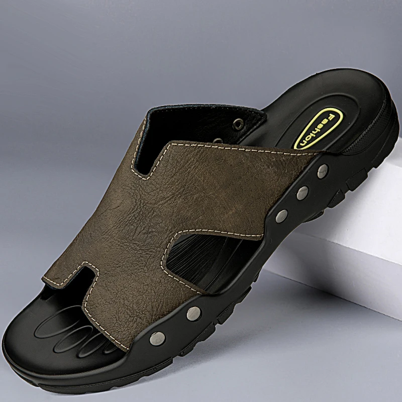 Mais tamanho 37-50 chinelos de couro para homens verão flip flops para homem sandálias de praia flip flop antiderrapante sapatos ao ar livre dos homens slides