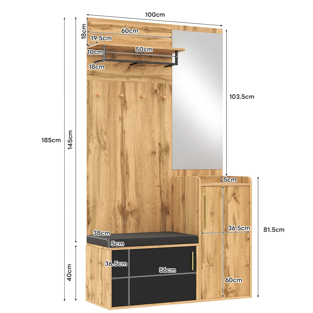 PINGGO Kompakter Kleiderschrank mit Spiegel und Sitzfläche, Kleiderschrank mit Schuhregal und Haken, kompakter Kleiderschrank, der an der Wand bohren muss – Detail 2