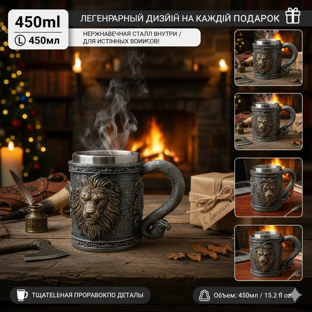 Lion Head Beer Mug, 450ml Stainless Steel Liner Gothic Tankard, Resin 3D Embossed Stein with Tail Handle, King of the Jungle The