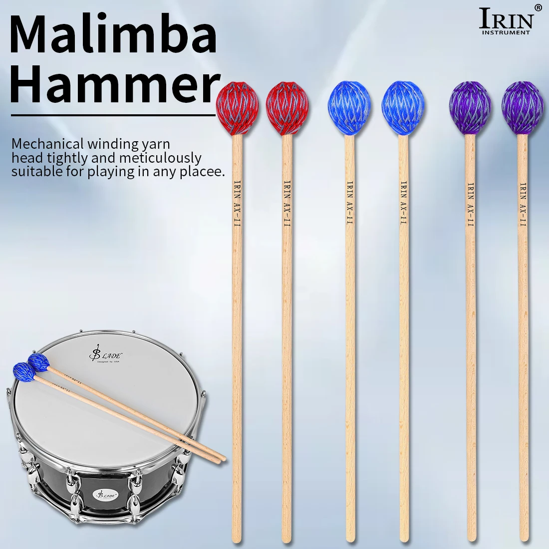Available in Multiple Colors Percussion Instrument Drumsticks Mallets Jazz Drum Stick Double Headed Soundhammer for Drum Marimba