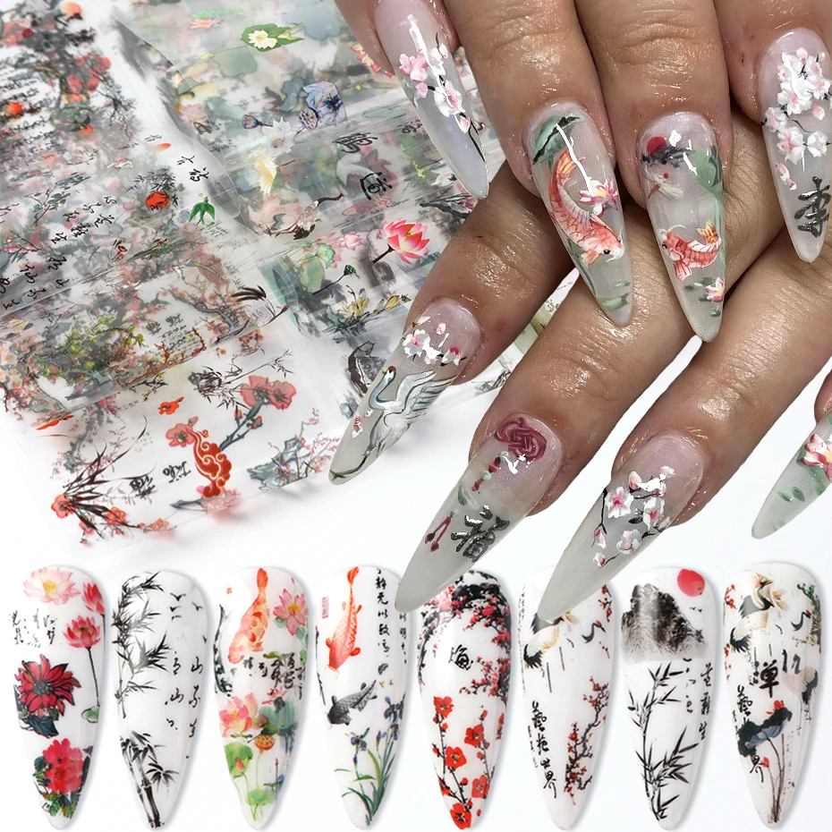 10 Adesivos de Transferência para Unhas com Flores de Tinta Chinesa, Folhas de Bambu, Peixe Koi e Grua - Decoração de Unhas com Design Japonês